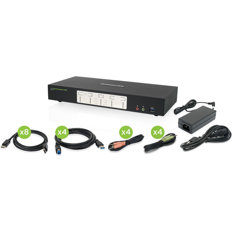 IOGEAR GCS1944 KVM switch with included cables and power adapter laid out showing complete package contents