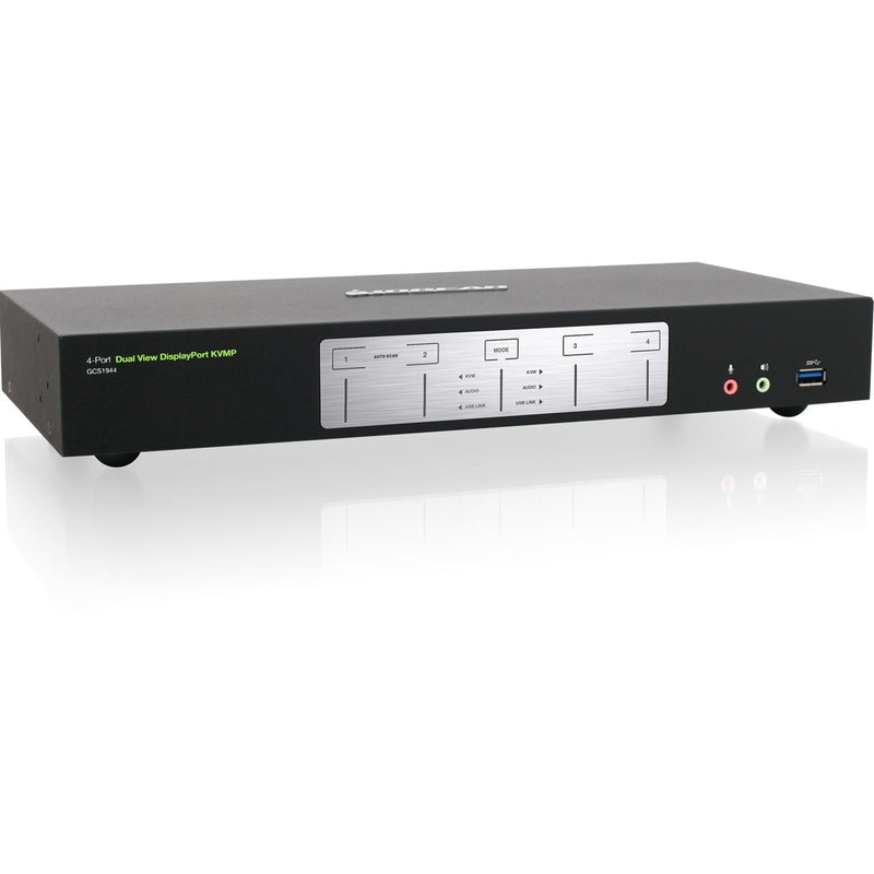 Angled view of IOGEAR GCS1944 KVM switch showing sleek design and front panel interface