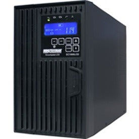 Front view of Minuteman EC1500LCD UPS showing LCD display panel and vertical tower design