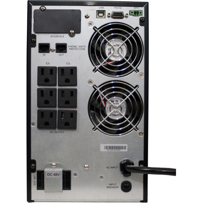 Rear panel view of Minuteman EC1500LCD UPS showing outlets, cooling fans, and connectivity ports