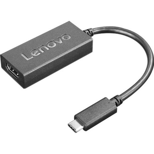 Lenovo USB-C to HDMI 2.0b adapter showing black aluminum housing with flexible cable, USB-C male connector, and HDMI female port