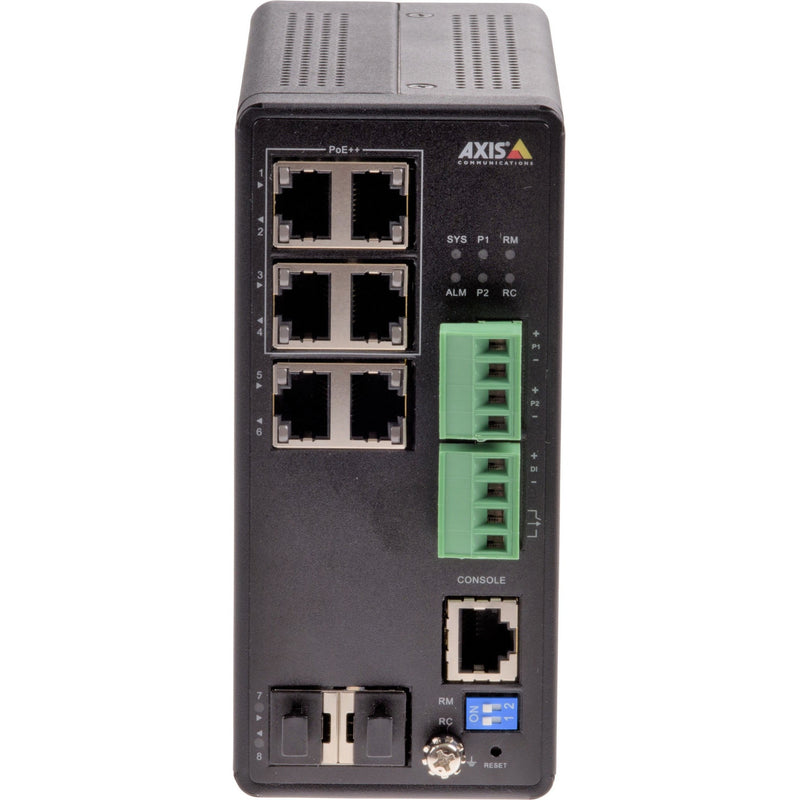 Front view of AXIS T8504-R Industrial PoE Switch showing 4 PoE ports, SFP slots, console port, and status indicators