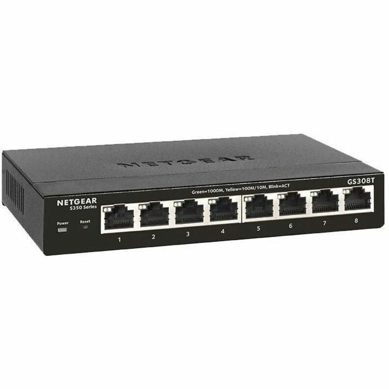 Front view of NETGEAR GS308T Ethernet switch showing 8 Gigabit ports and LED indicators