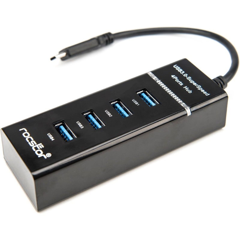 Front view of Rocstor 4-port USB-C hub with blue-accented USB 3.0 ports