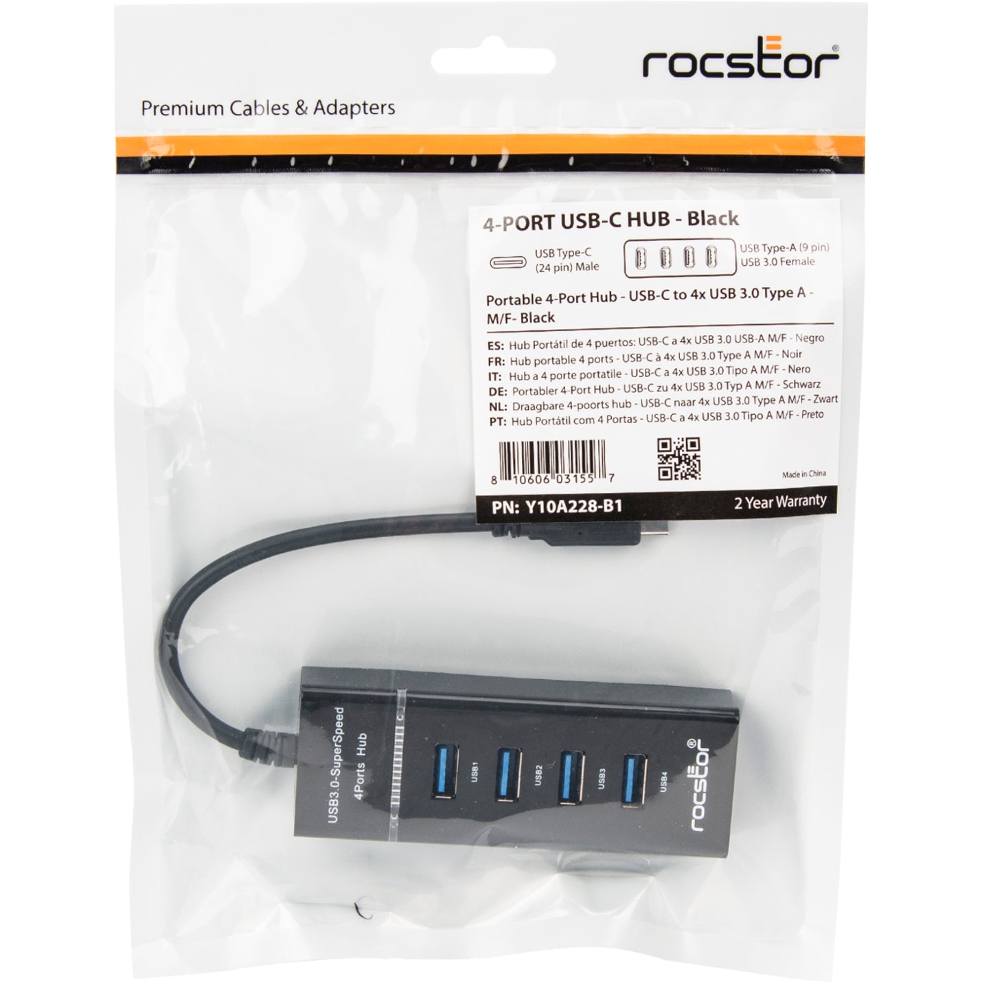Rocstor Y10A228-B1 هاب USB C المحمولة النحيفة الممتازة ، 4 منافذ USB 3.0 ، تعمل بالحافلات