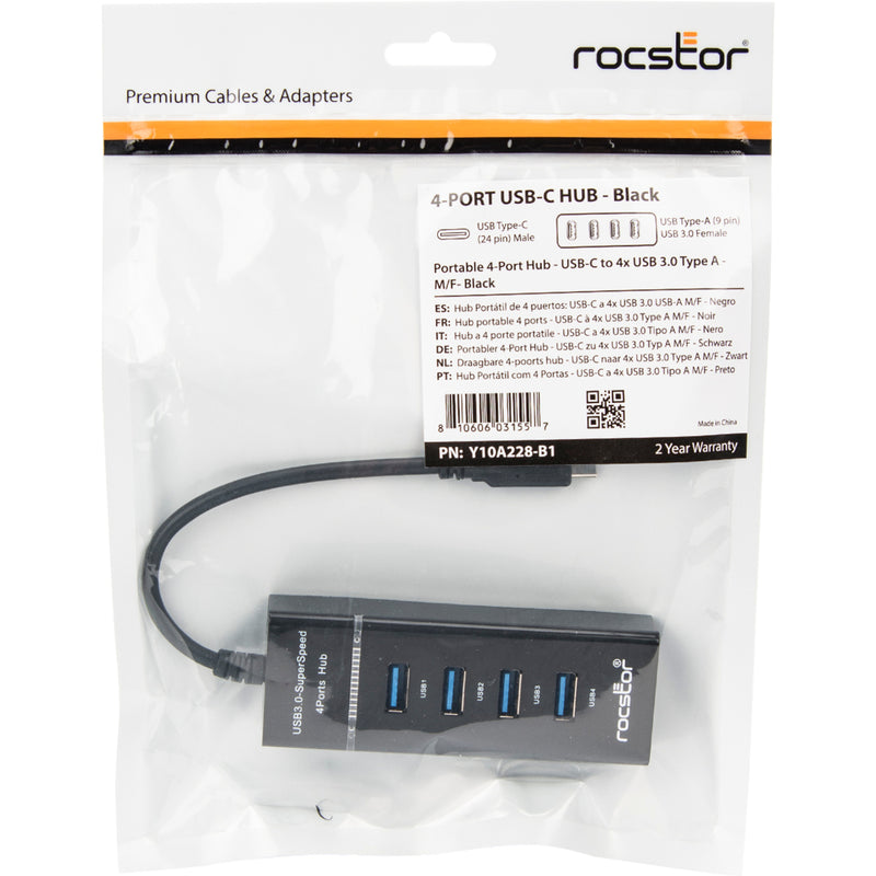 Retail packaging of Rocstor USB-C hub with product specifications