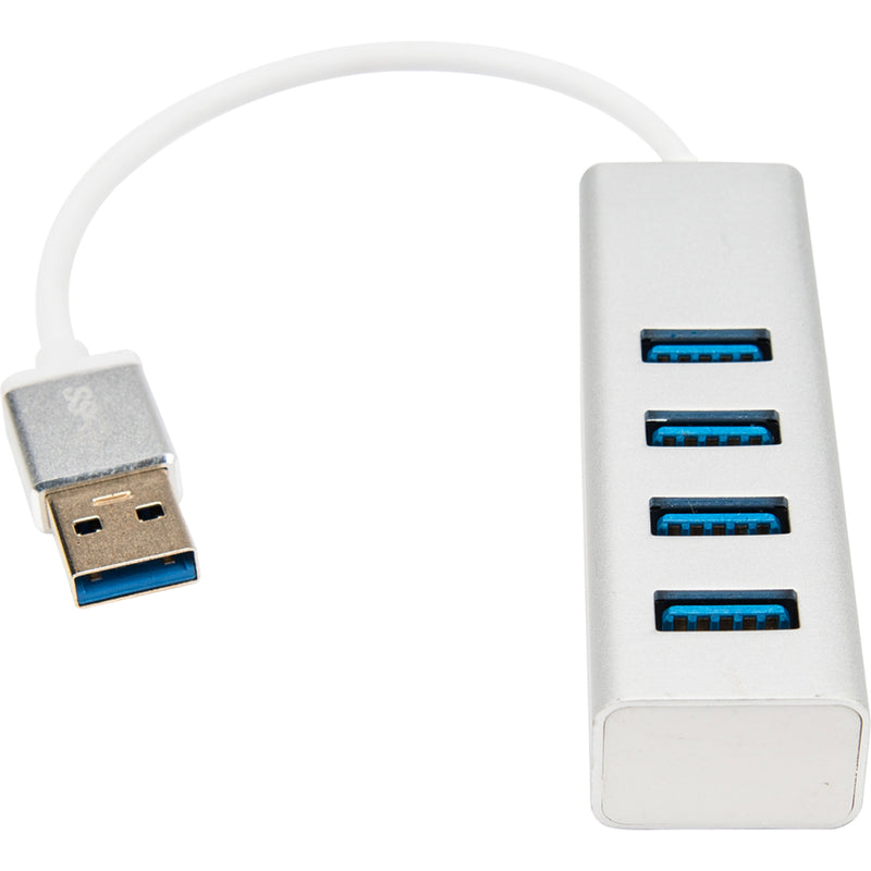 Side view of white aluminum USB hub showing premium finish and blue USB 3.0 ports