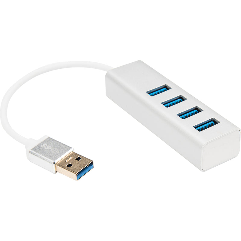 Angled view of USB 3.0 hub showing all four ports and attached cable