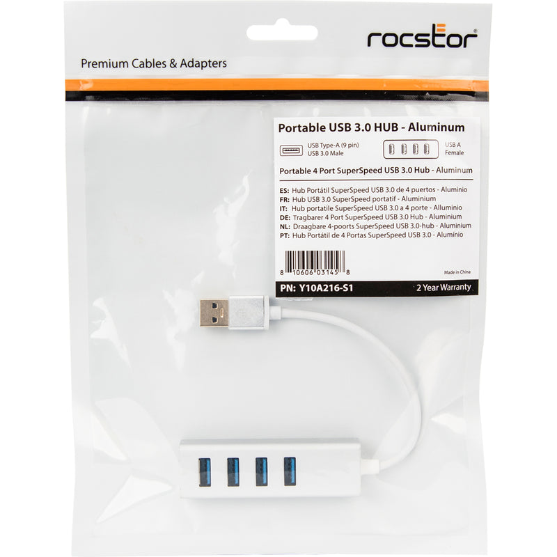 Retail packaging of Rocstor USB 3.0 hub showing product specifications and warranty information