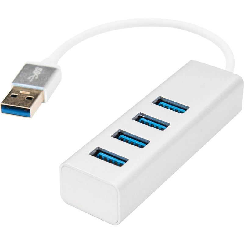 White aluminum 4-port USB 3.0 hub with integrated cable showing blue USB ports