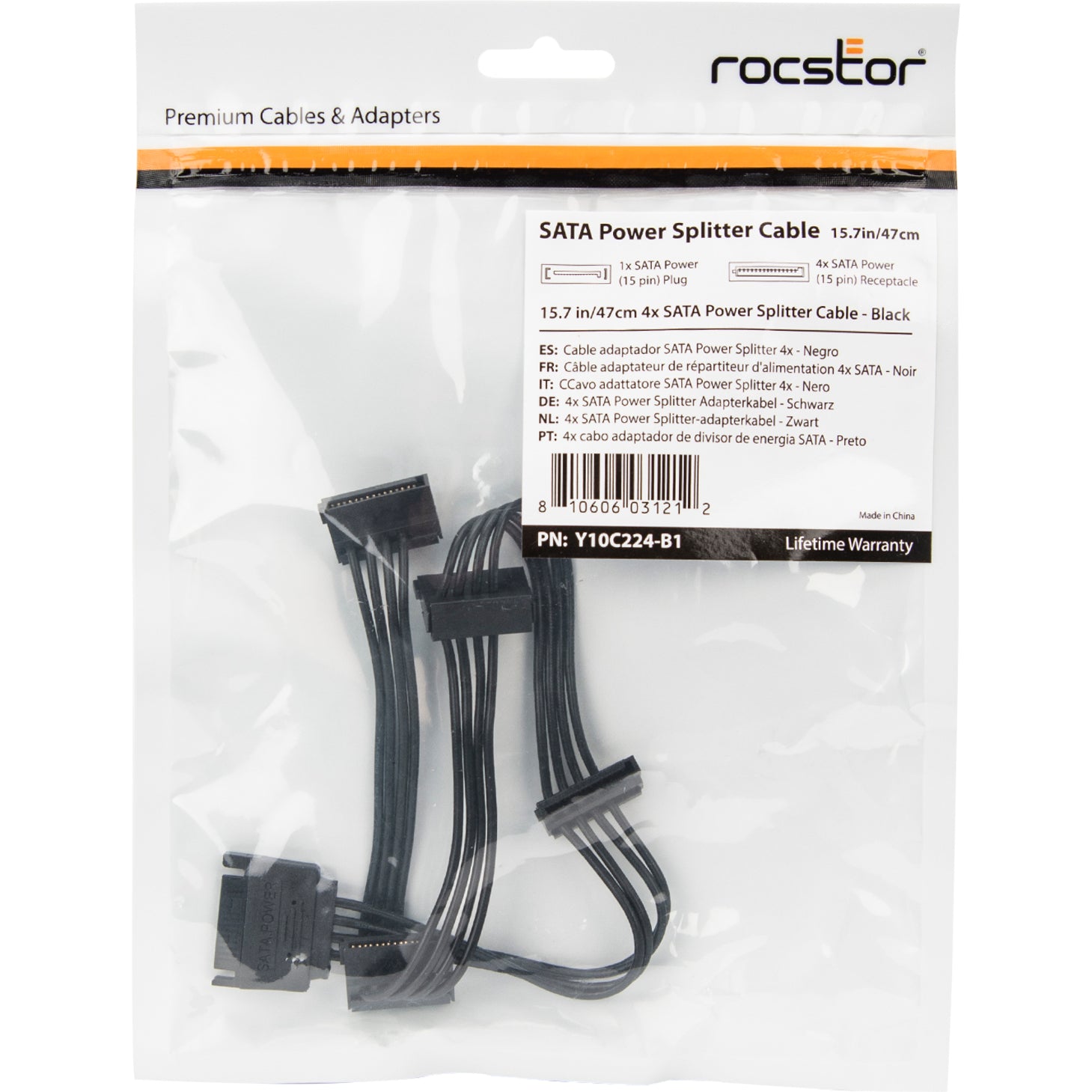 Rocstor Y10C224-B1 Premium Splitter Cord 15.7IN 4XSATA Power Adapter M/F CBL