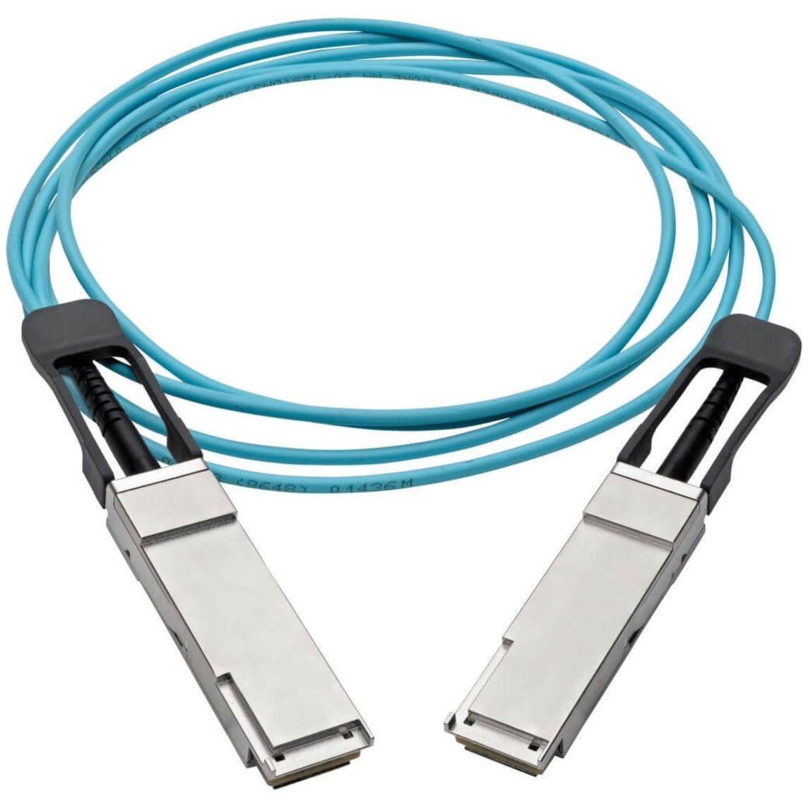 Full length view of aqua QSFP+ active optical cable with connectors at both ends-alternate-image2