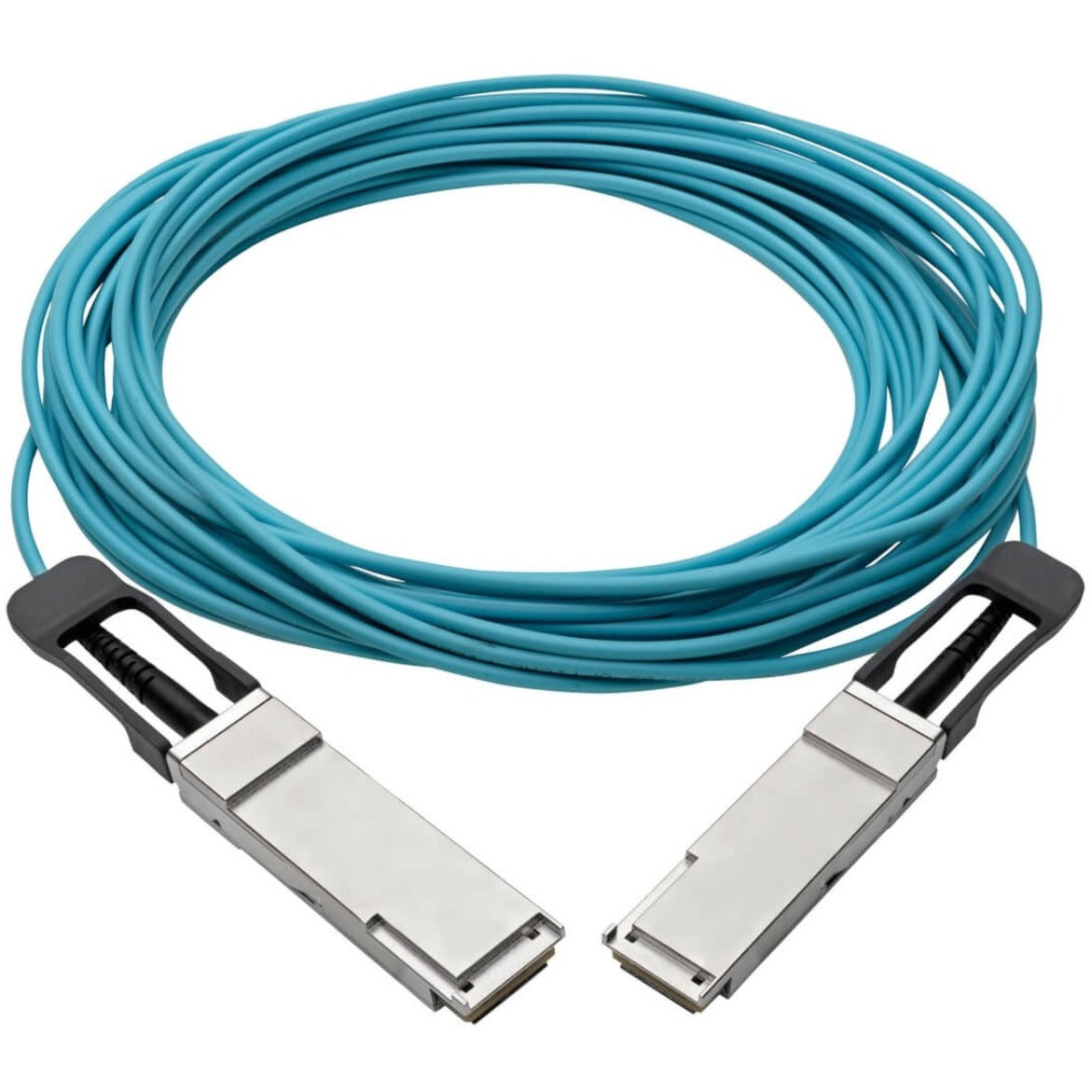 Full length view of 10-meter aqua QSFP+ active optical cable with connectors-alternate-image2