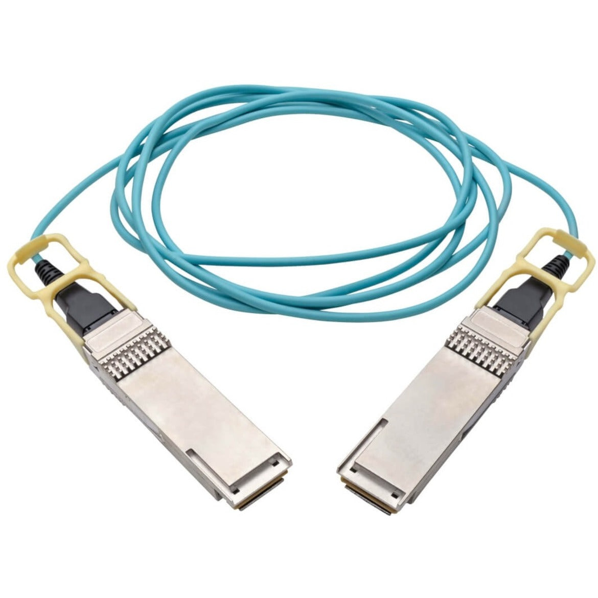 Full-length view of 3-meter aqua QSFP28 active optical cable with connectors at both ends-alternate-image2