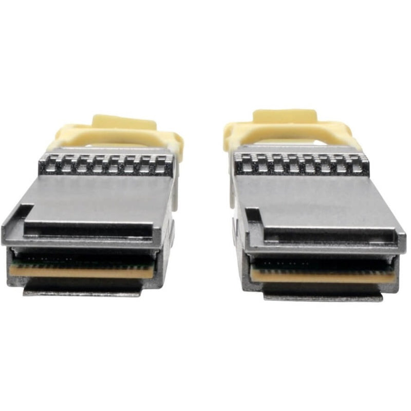 Detailed view of QSFP28 connector face showing multi-channel interface design