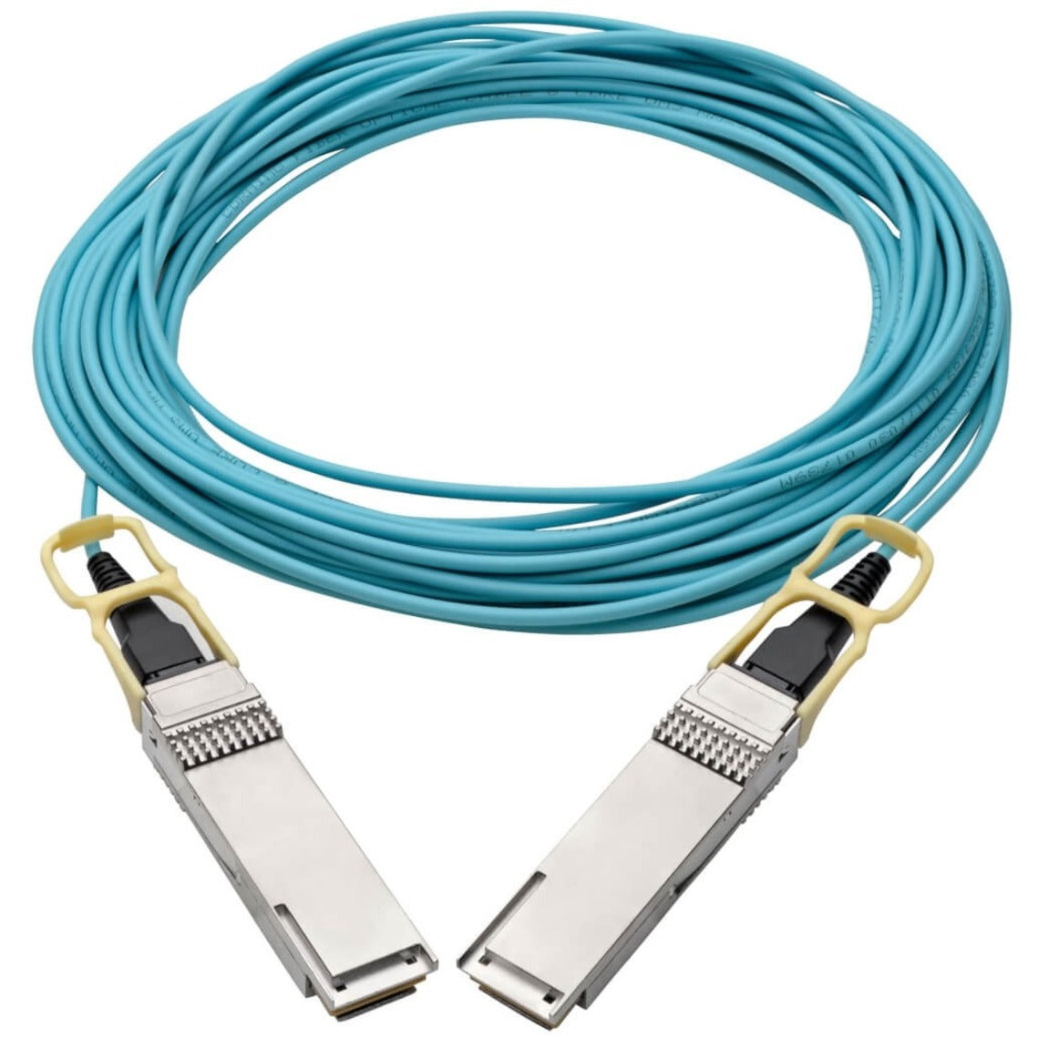 Full length view of 10-meter aqua QSFP28 active optical cable with connectors-alternate-image2