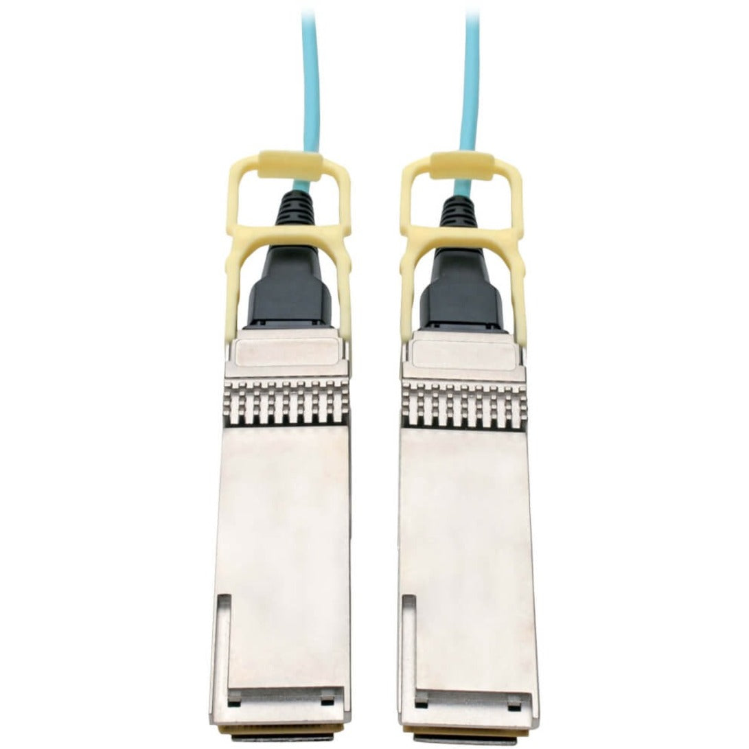 Close-up view of QSFP28 connectors with push/pull tabs on Tripp Lite active optical cable-alternate-image1