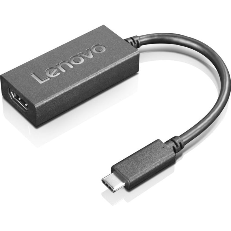 Lenovo USB-C to HDMI 2.0b adapter showing the compact black aluminum housing with Lenovo branding and attached cable