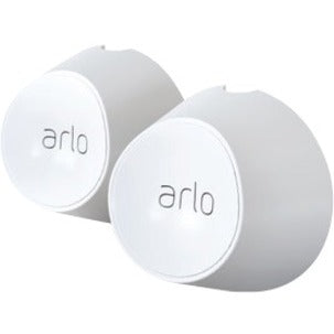 Two white cylindrical Arlo magnetic wall mounts with Arlo branding displayed side by side