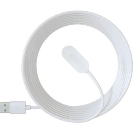 White Arlo magnetic charging cable with USB connector shown in coiled position displaying 8-foot length