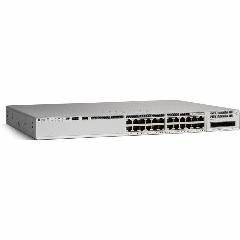 Front angled view of Cisco Catalyst 9200-24P network switch showing 24 Ethernet ports, status LEDs, and modular uplink slots