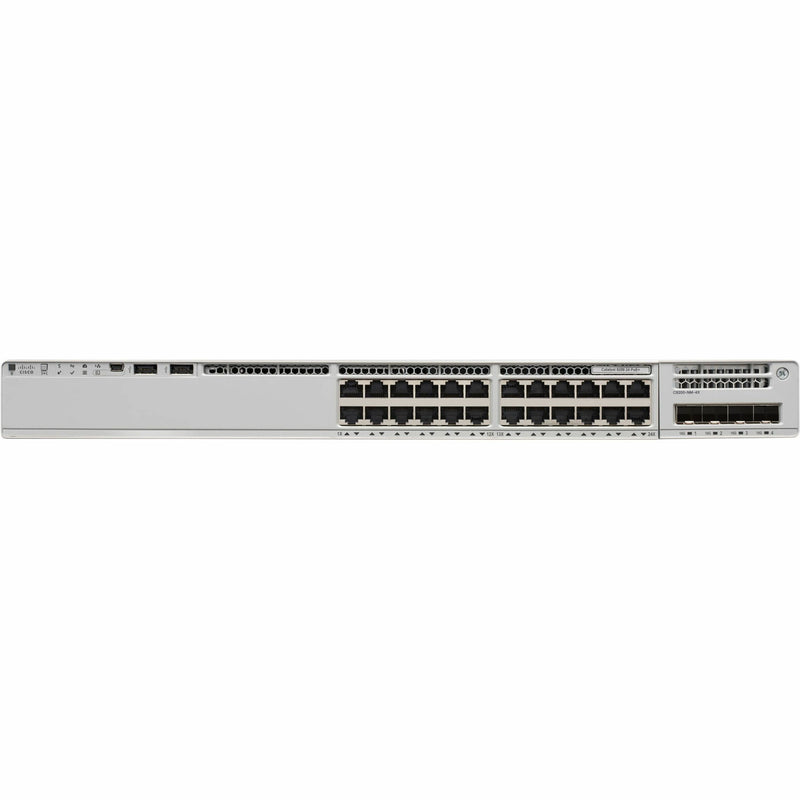 Top view of Cisco Catalyst 9200-24P switch displaying port arrangement, LED indicators, and management interfaces