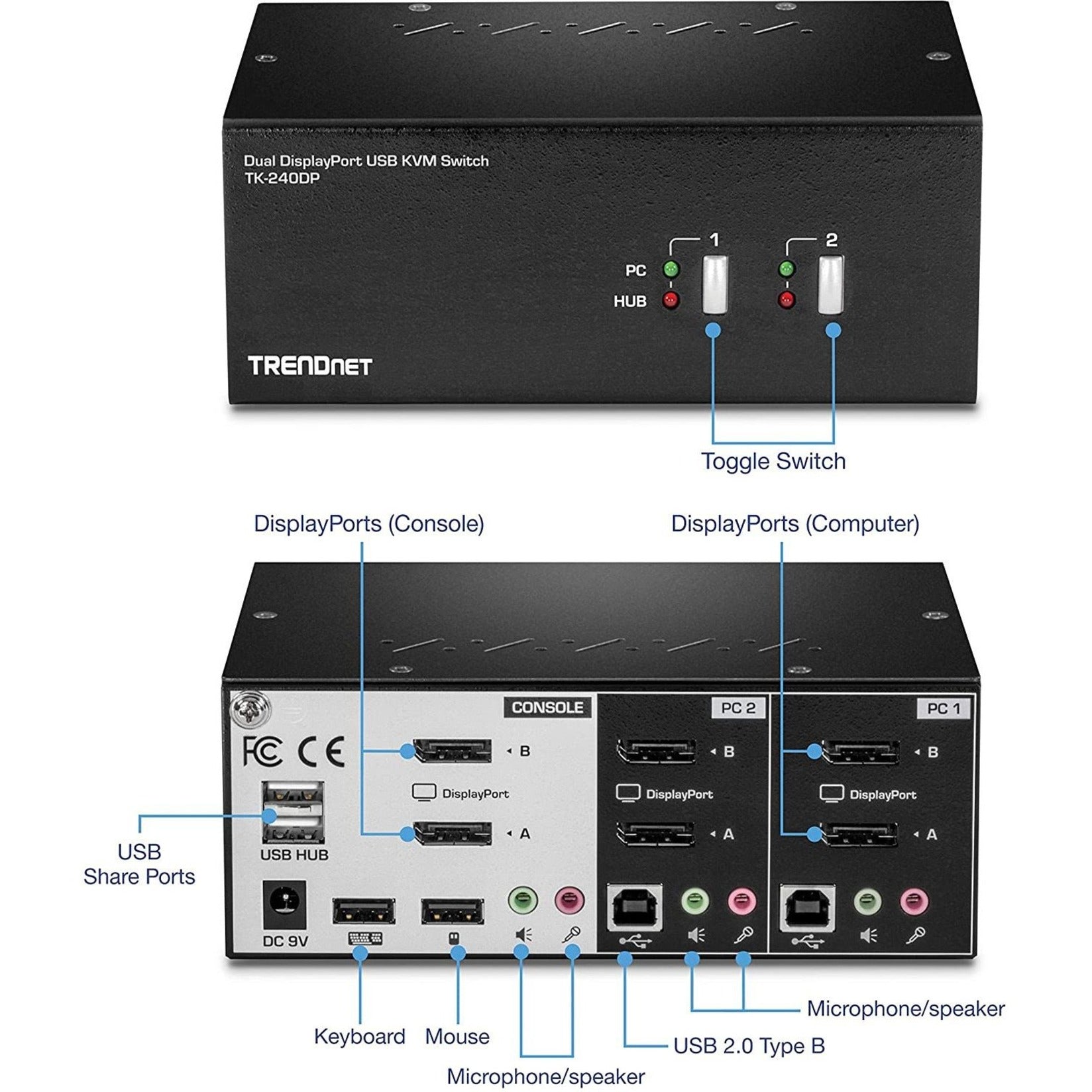 TRENDnet TK-240DP 2-Port デュアルモニター DisplayPort KVM スイッチ、3840 x 2160 解像度、TAA 準拠