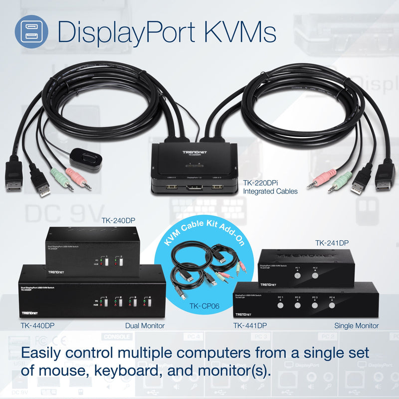 Product family showcase of TRENDnet DisplayPort KVM switches and accessories