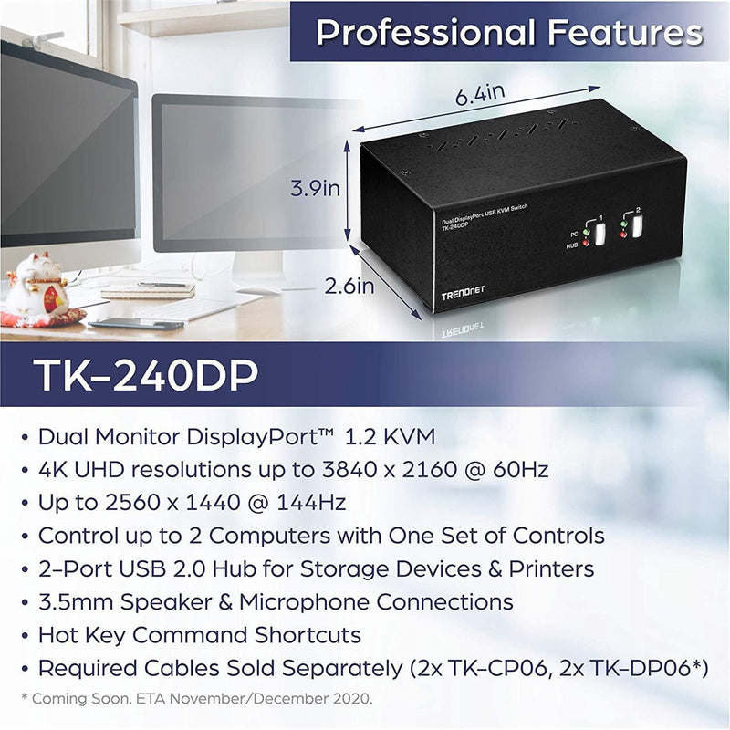 Product features and specifications display for TRENDnet TK-240DP