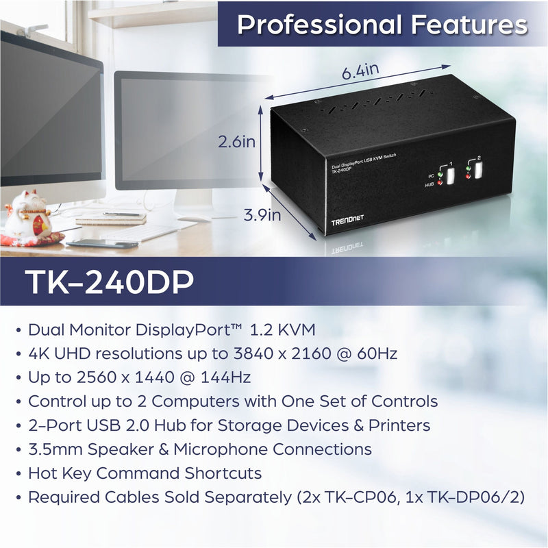 Dimensional specifications and feature list of TRENDnet TK-240DP