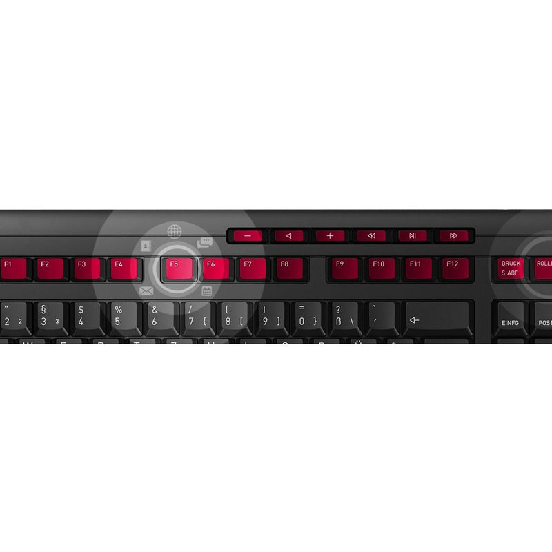 Close-up view of the CHERRY DW 3000 keyboard's function key row with red key highlights