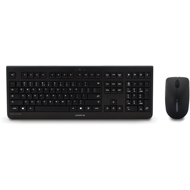 CHERRY DW 3000 wireless keyboard and mouse combo in black, showing full keyboard layout and compact mouse