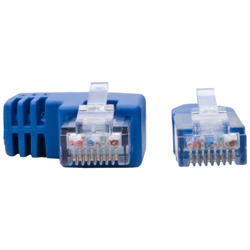 Detailed view of RJ45 connector pins and internal wiring of Cat6 cable