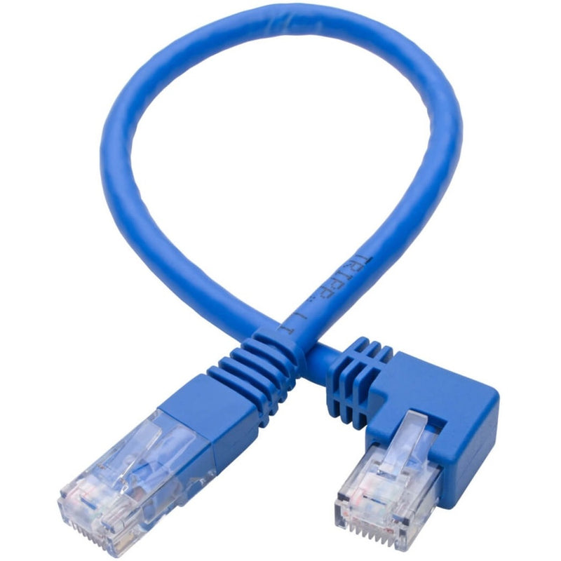 Full view of blue Cat6 patch cable with left-angle and straight RJ45 connectors