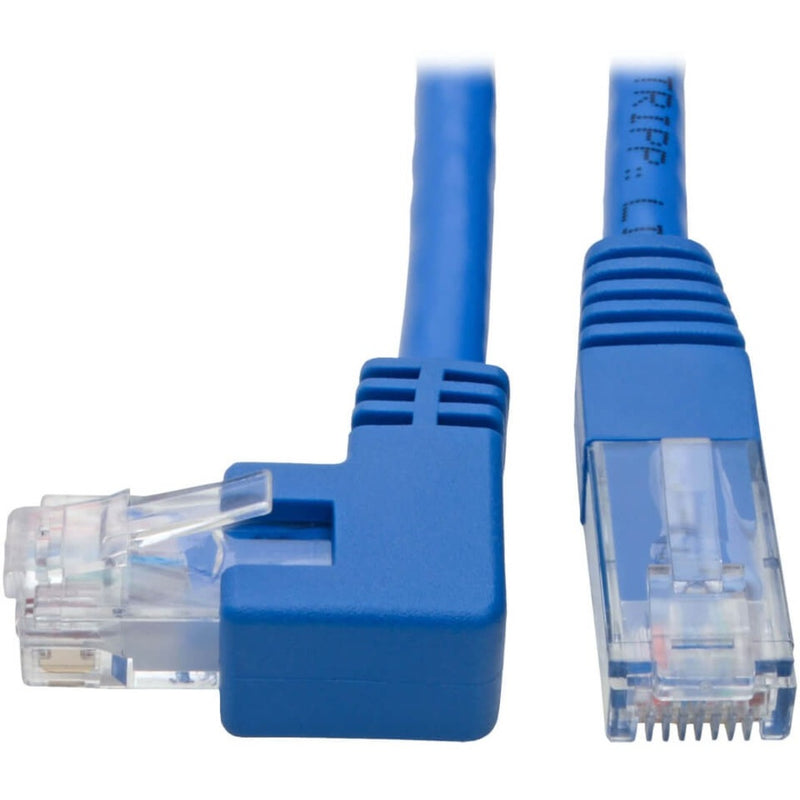 Close-up view of Tripp Lite Cat6 cable showing left-angle RJ45 connector and straight connector with transparent housing