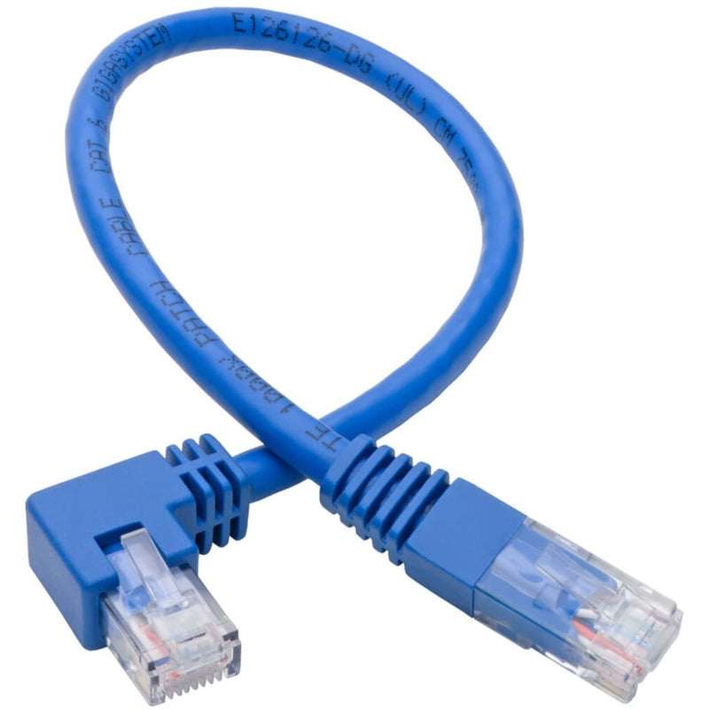 Full view of blue Cat6 patch cable with right-angle and straight RJ45 connectors