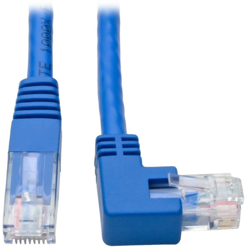 Close-up view of Cat6 cable showing right-angle RJ45 connector and straight connector with blue molded boots