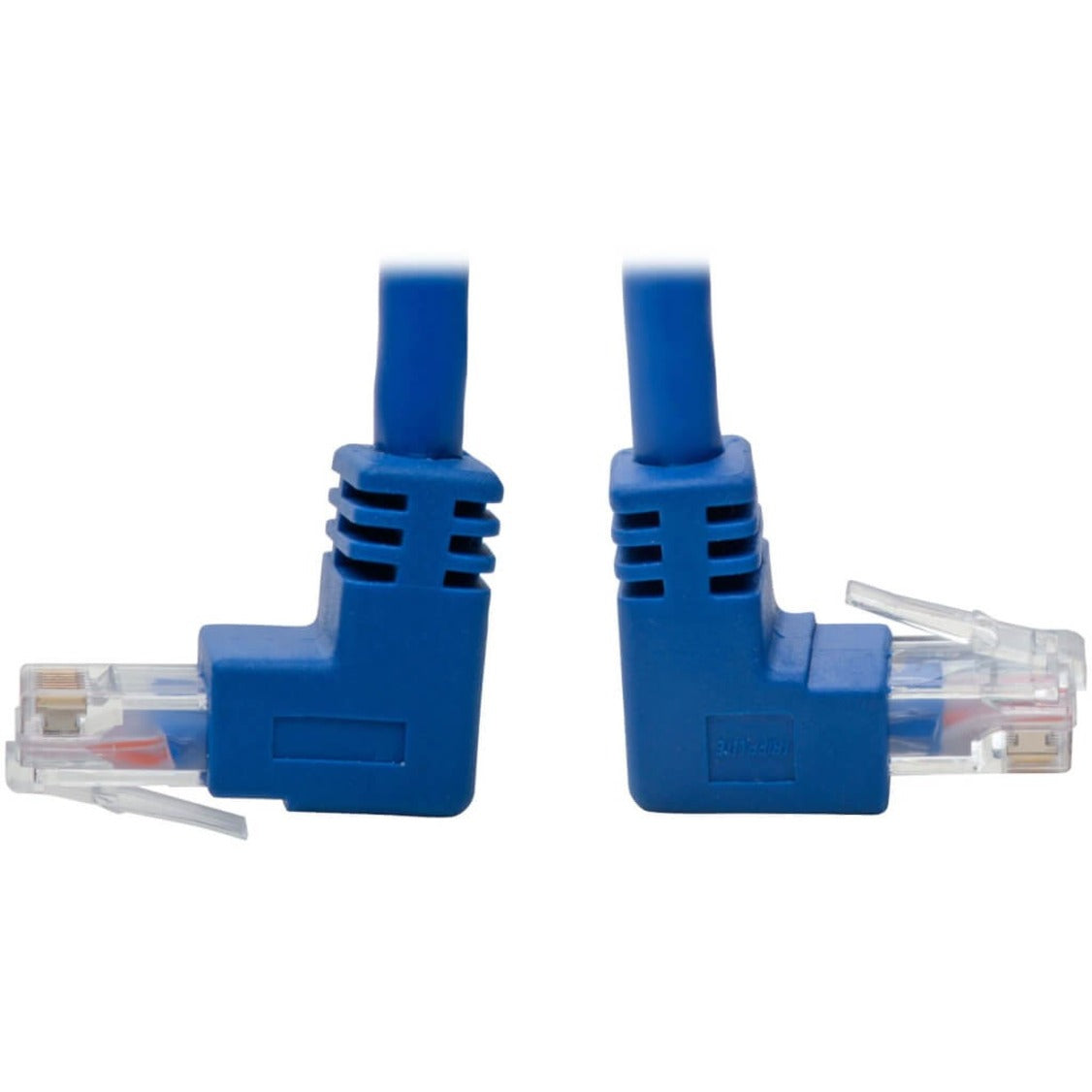 Close-up of blue Cat6 patch cable with up and down-angled RJ45 connectors-alternate-image1