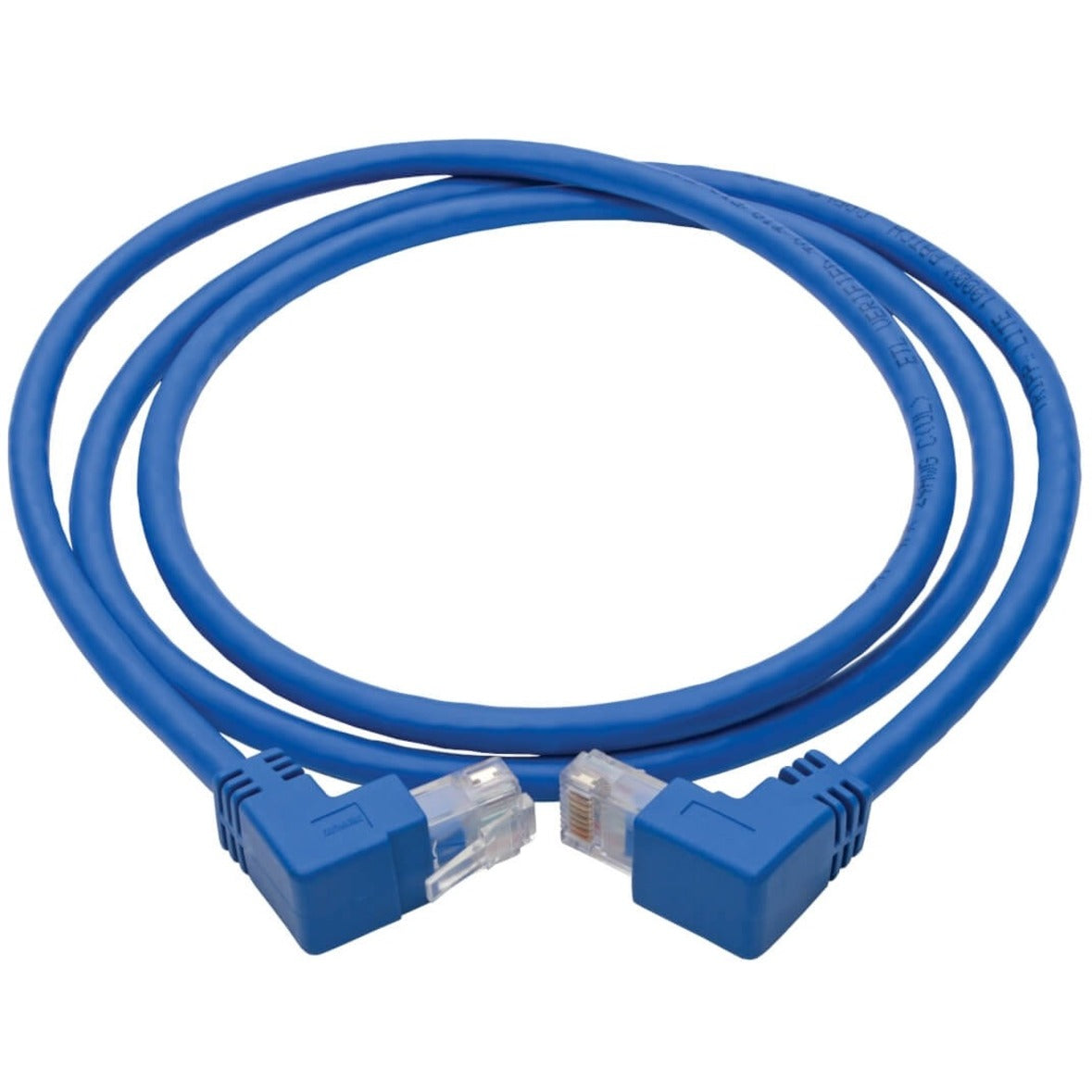 Full length view of blue Cat6 patch cable with angled connectors showing cable flexibility-alternate-image2