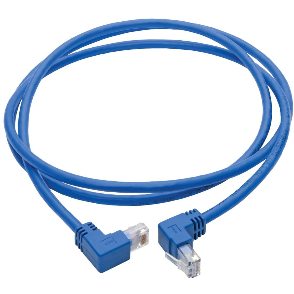 Full length view of 5ft blue Cat6 patch cable with angled connectors-alternate-image2