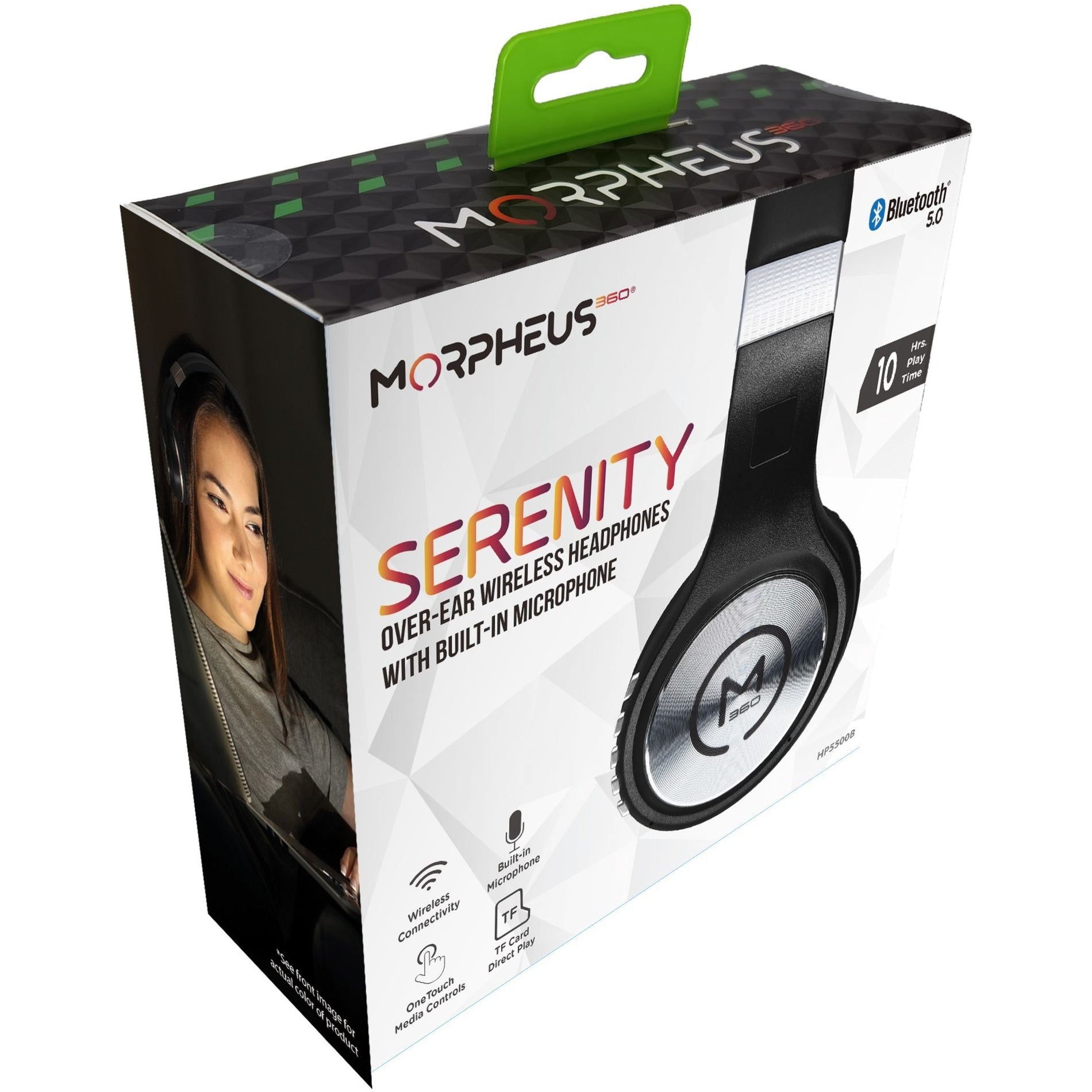 Front view of Morpheus 360 Serenity headphones retail box showing product features and design-alternate-image6