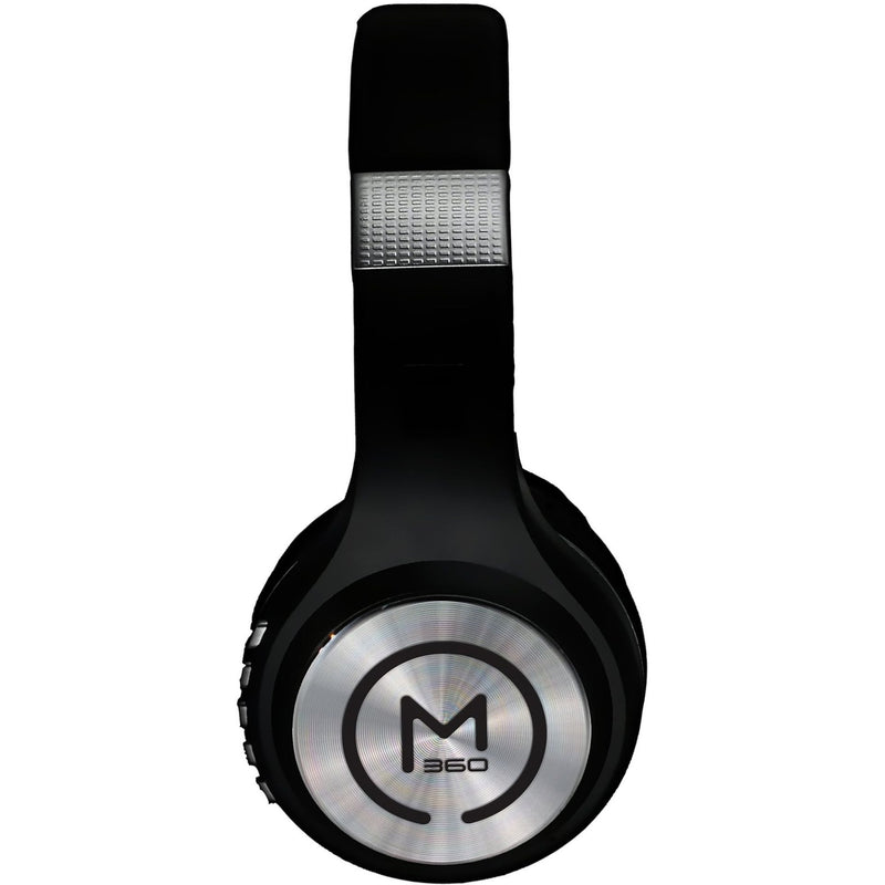 Close-up of Morpheus 360 headphone ear cup showing silver M360 logo and design details