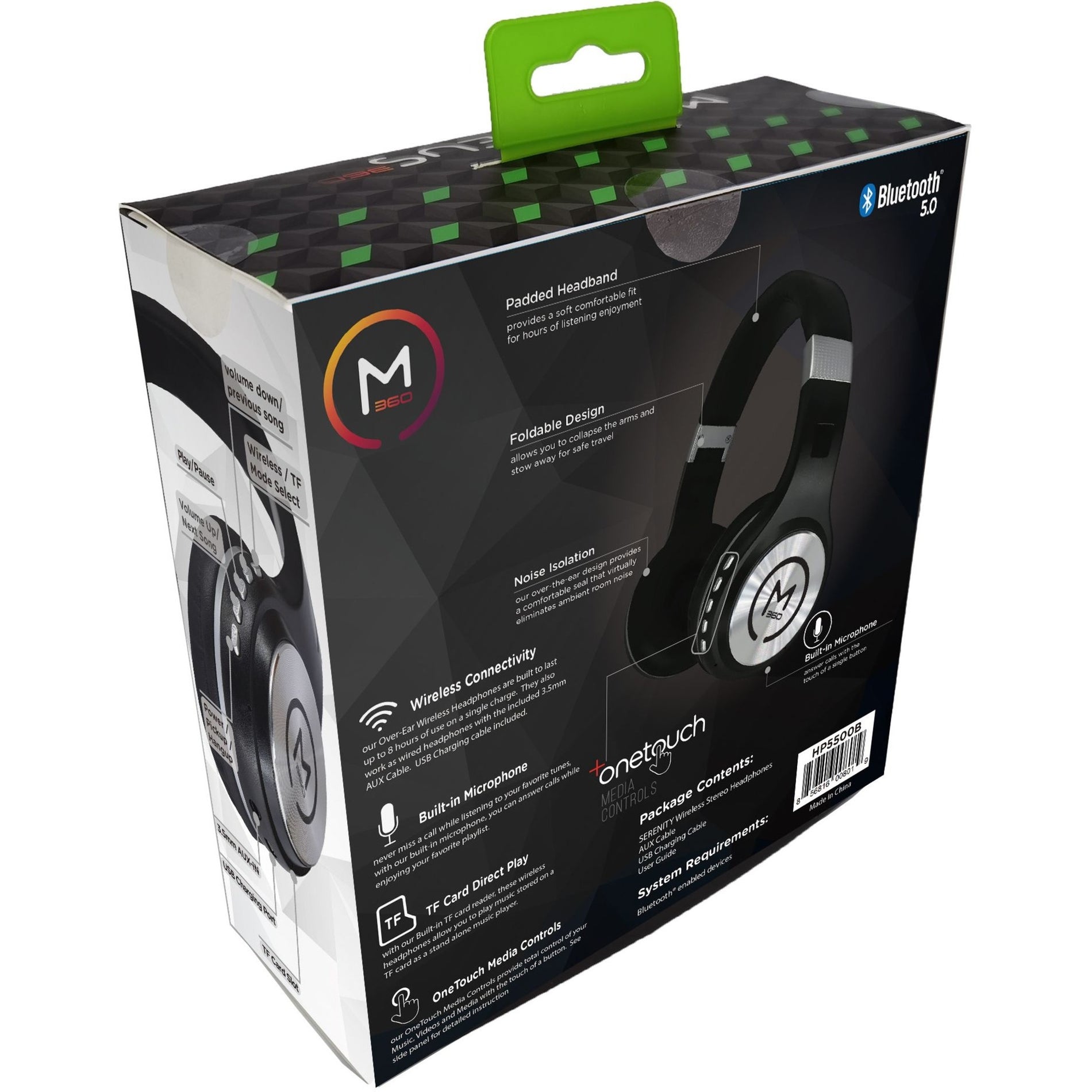 Retail packaging of Morpheus 360 HP5500B headphones showing features and contents-alternate-image5