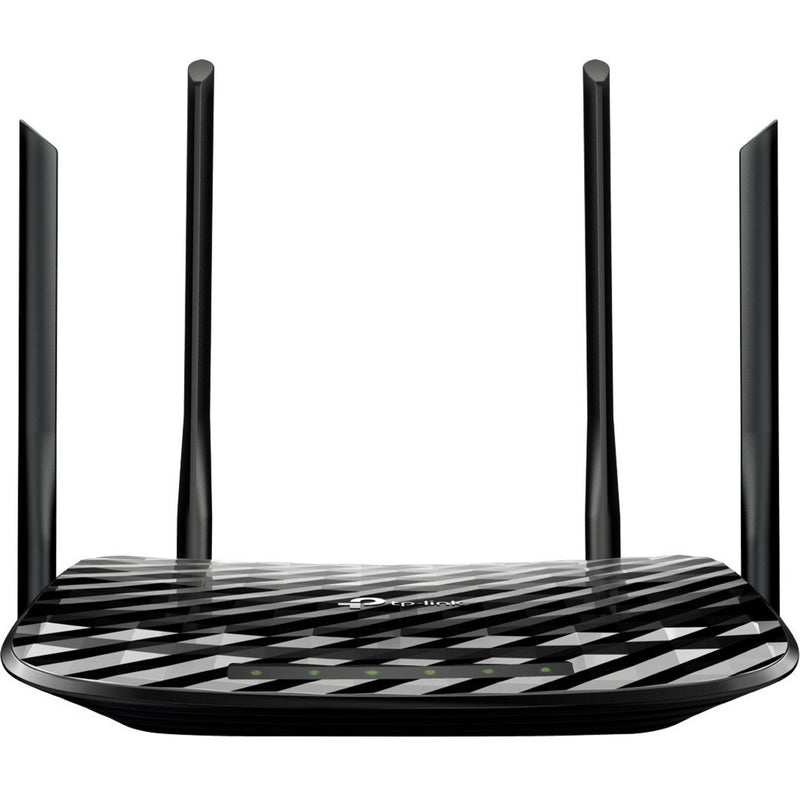 Front view of TP-Link Archer A6 router showing LED indicators and geometric surface pattern