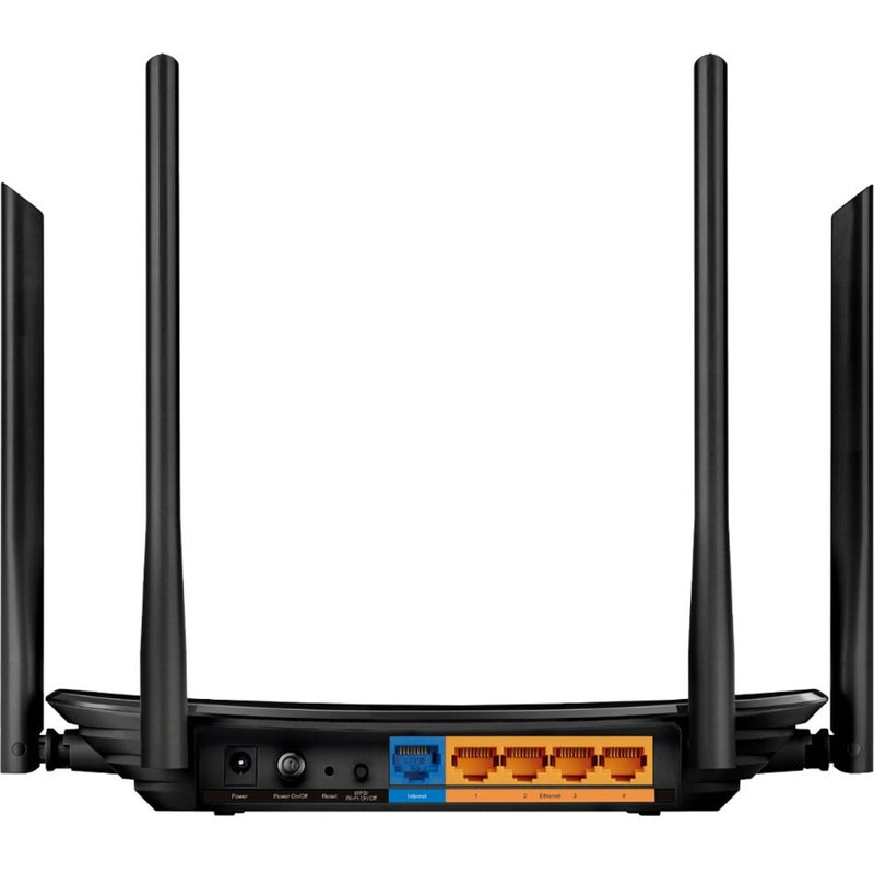 Rear view of TP-Link Archer A6 router showing Gigabit ports and power connection