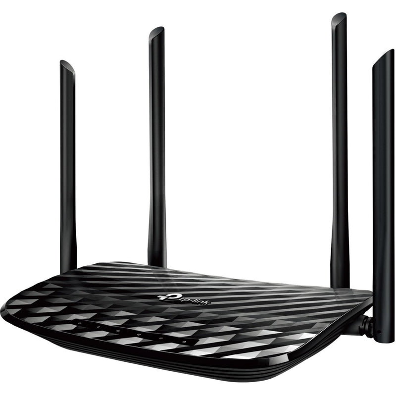 TP-Link Archer A6 AC1200 router with diamond-patterned surface and four external antennas viewed from an angle