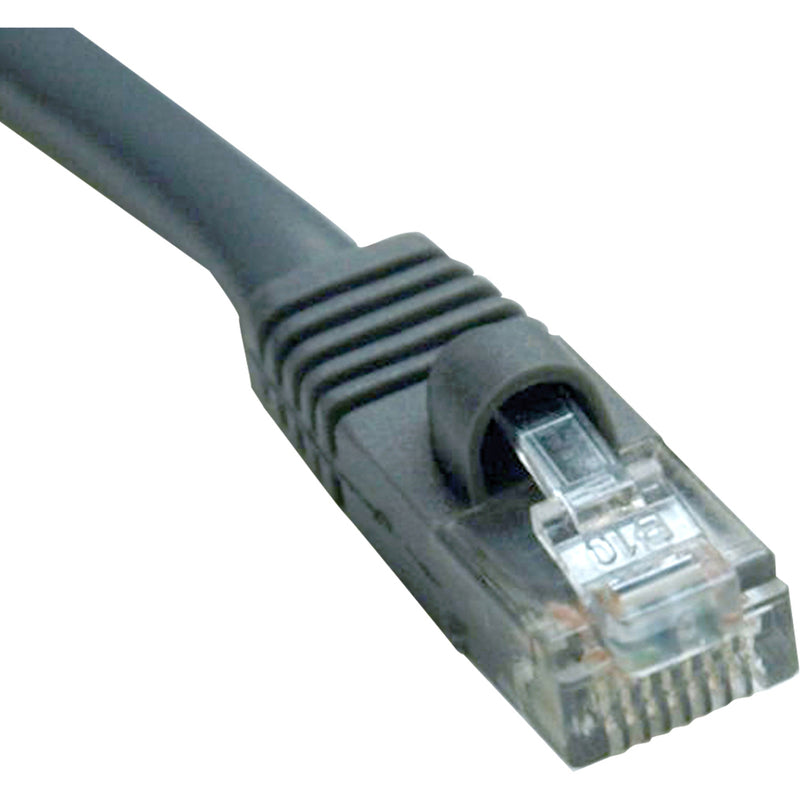 Close-up view of Tripp Lite Cat5e cable's RJ-45 connector with snagless boot and transparent termination