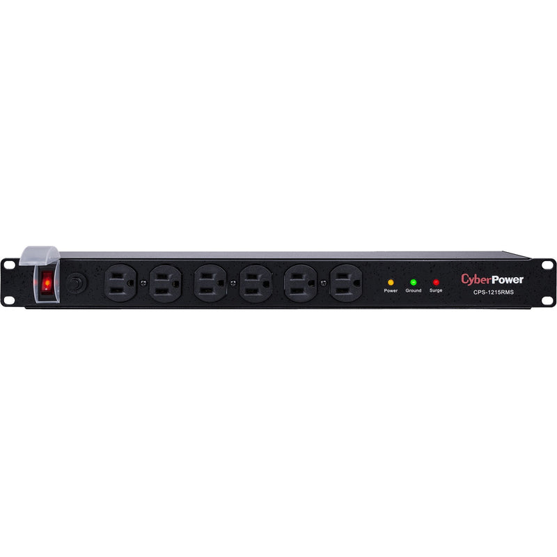 Front view of CyberPower CPS-1215RMS PDU showing 6 outlets, status LEDs, and power switch