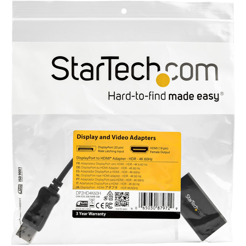 Retail packaging of StarTech.com DisplayPort to HDMI adapter showing specifications and contents