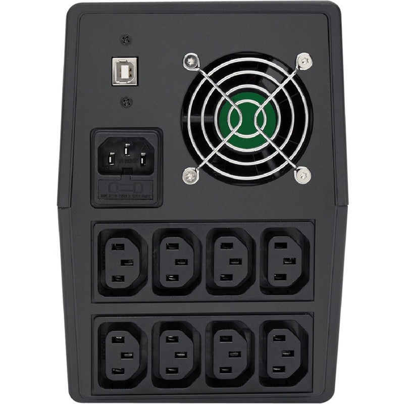 Rear view of UPS showing eight C13 outlets, cooling fan, and USB port